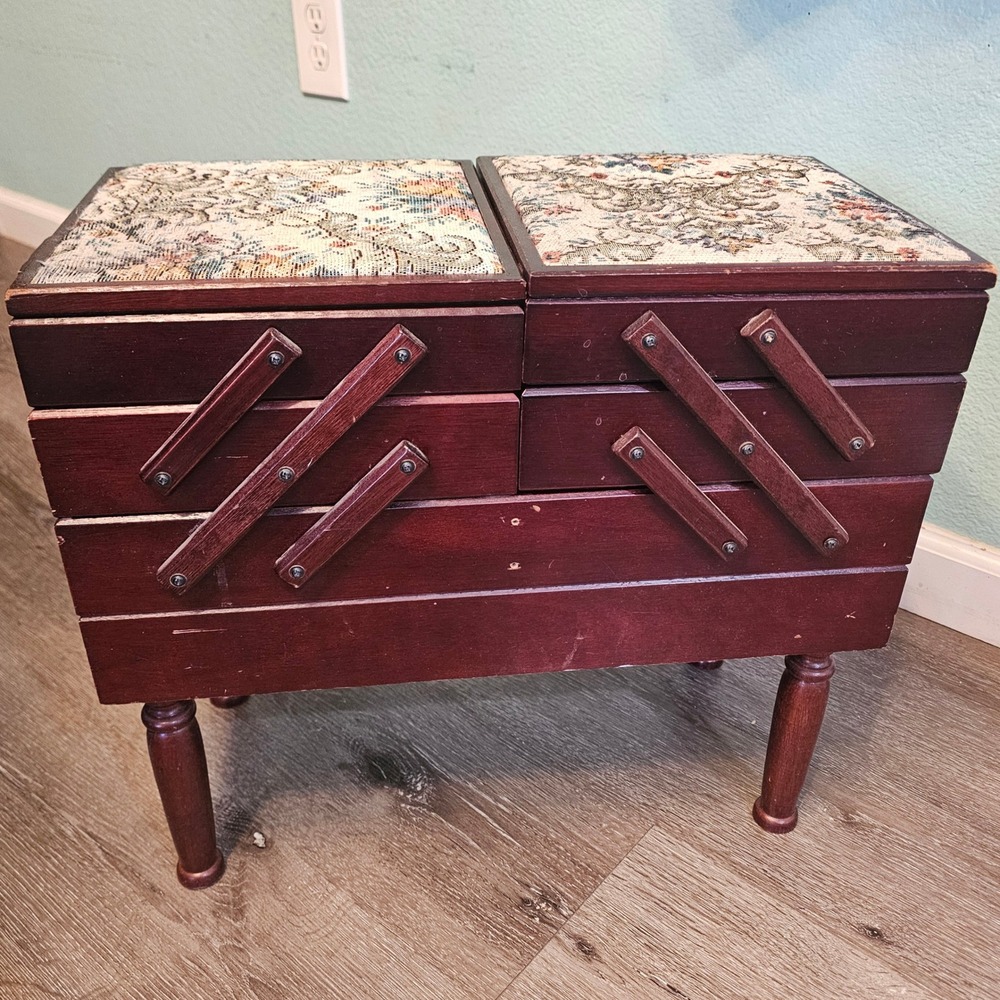Vintage Powell Cantilever Sewing Box Wood Tapestry Top Storage Taiwan ROC